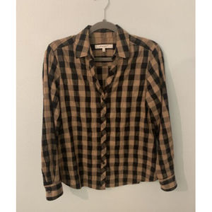 Foxcroft 8 Neutral Tone Tan Plaid Check Wrinkle Free Button Down Shirt Blouse